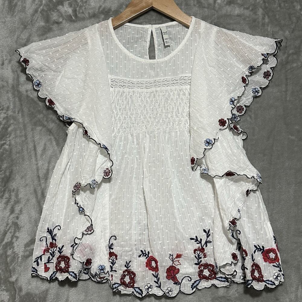 Zara Swiss Dot Floral Embroidered Top Womens Size S White Boho Cottagecore Fairy